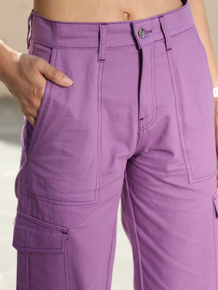 STREET 9 Women Lavender Relaxed High-Rise Cotton Cargo Trousers