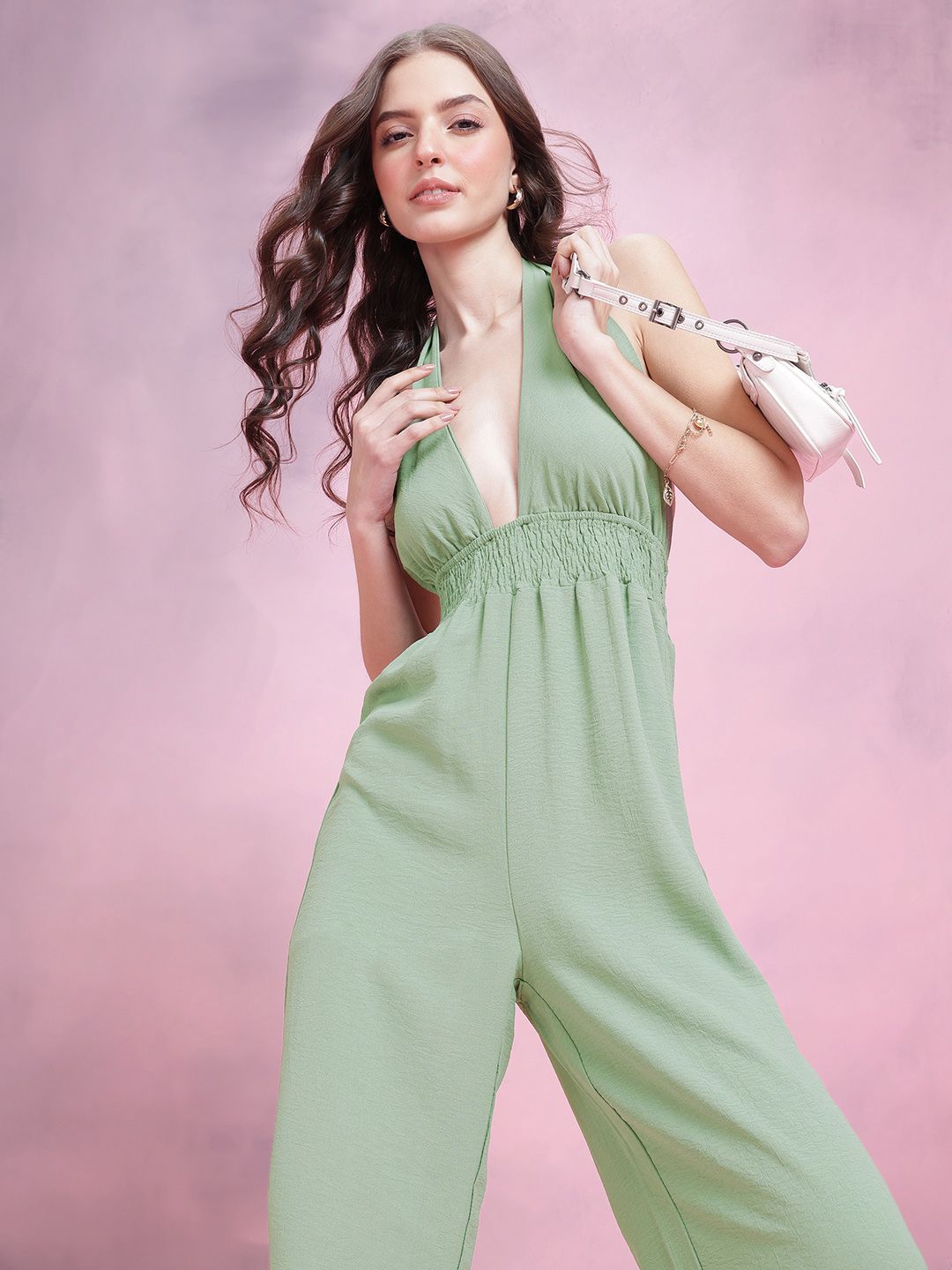 DressBerry Smocked Detail Halter Neck Backless Jumpsuit