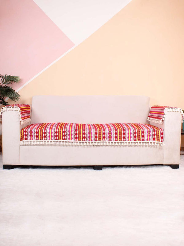 STITCHNEST Red & Pink Self Design Jacquard 2-Seater Sofa Cover