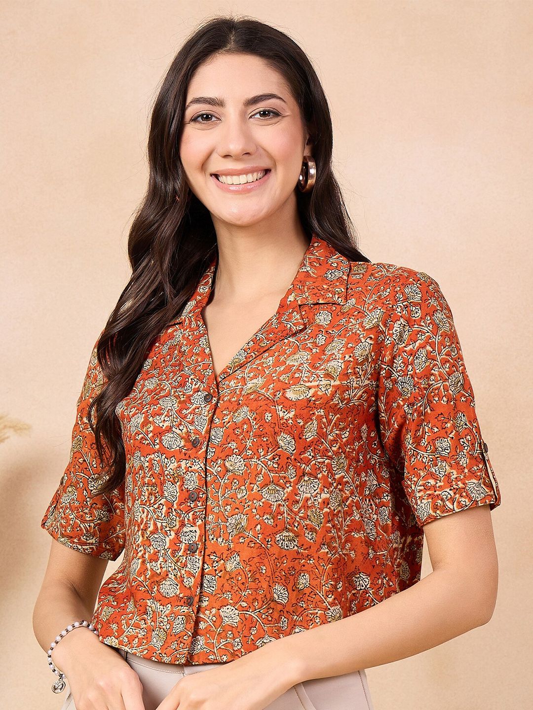 Anouk Rust Floral Print Cotton Shirt Style Top