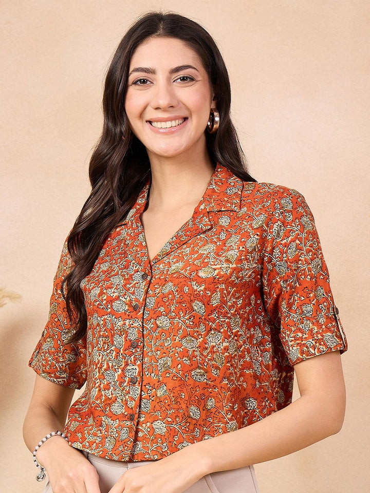 Anouk Rust Floral Print Cotton Shirt Style Top