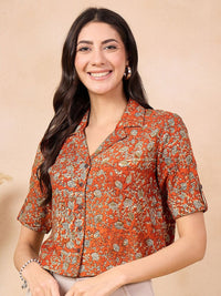 Anouk Rust Floral Print Cotton Shirt Style Top