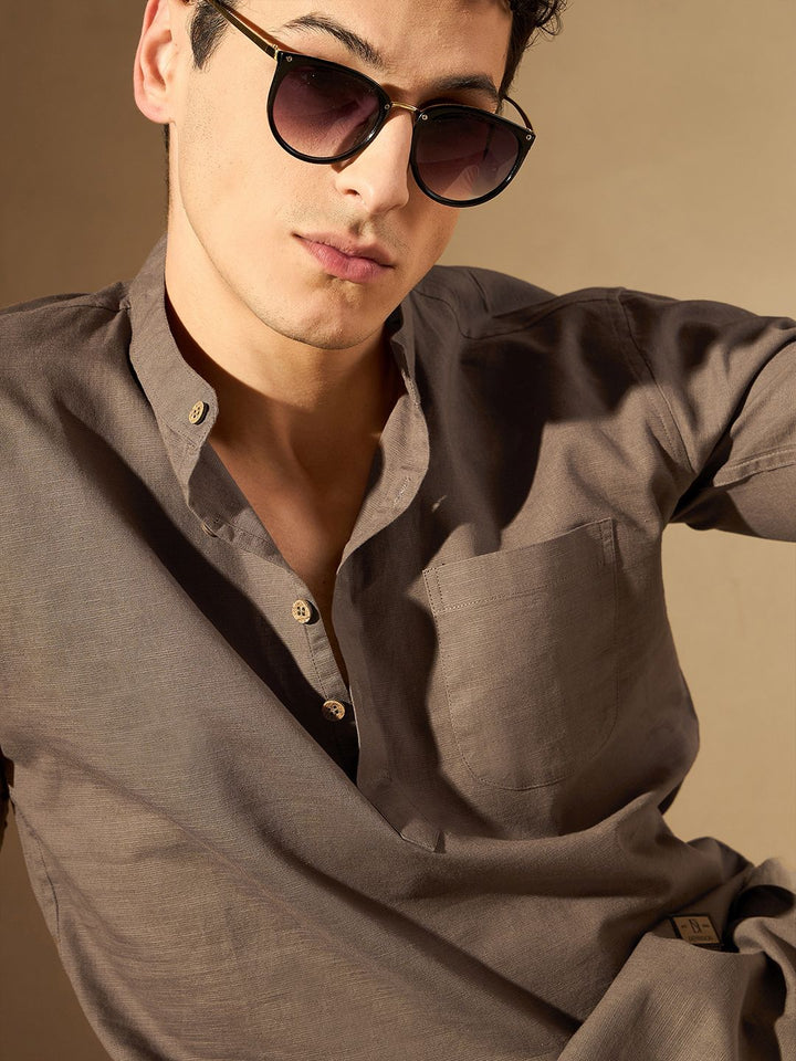 DENNISON Men Brown Solid Straight Pure Cotton Short Kurta