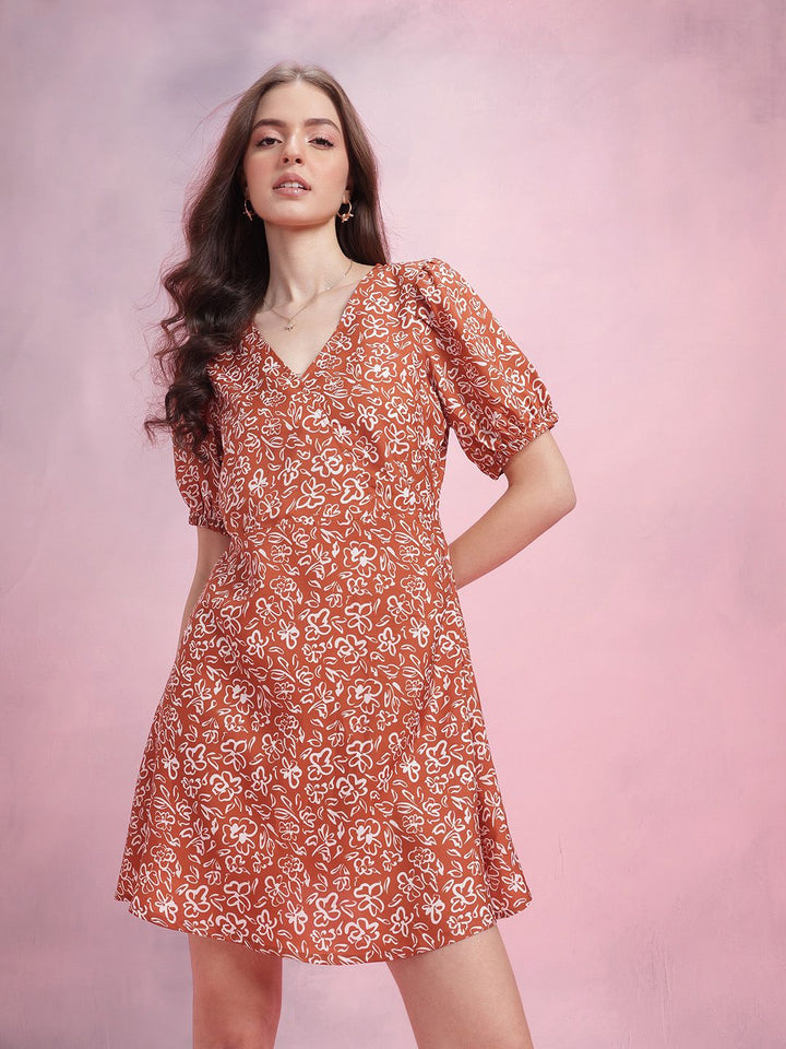 DressBerry Printed Puff Sleeve A-Line Dress
