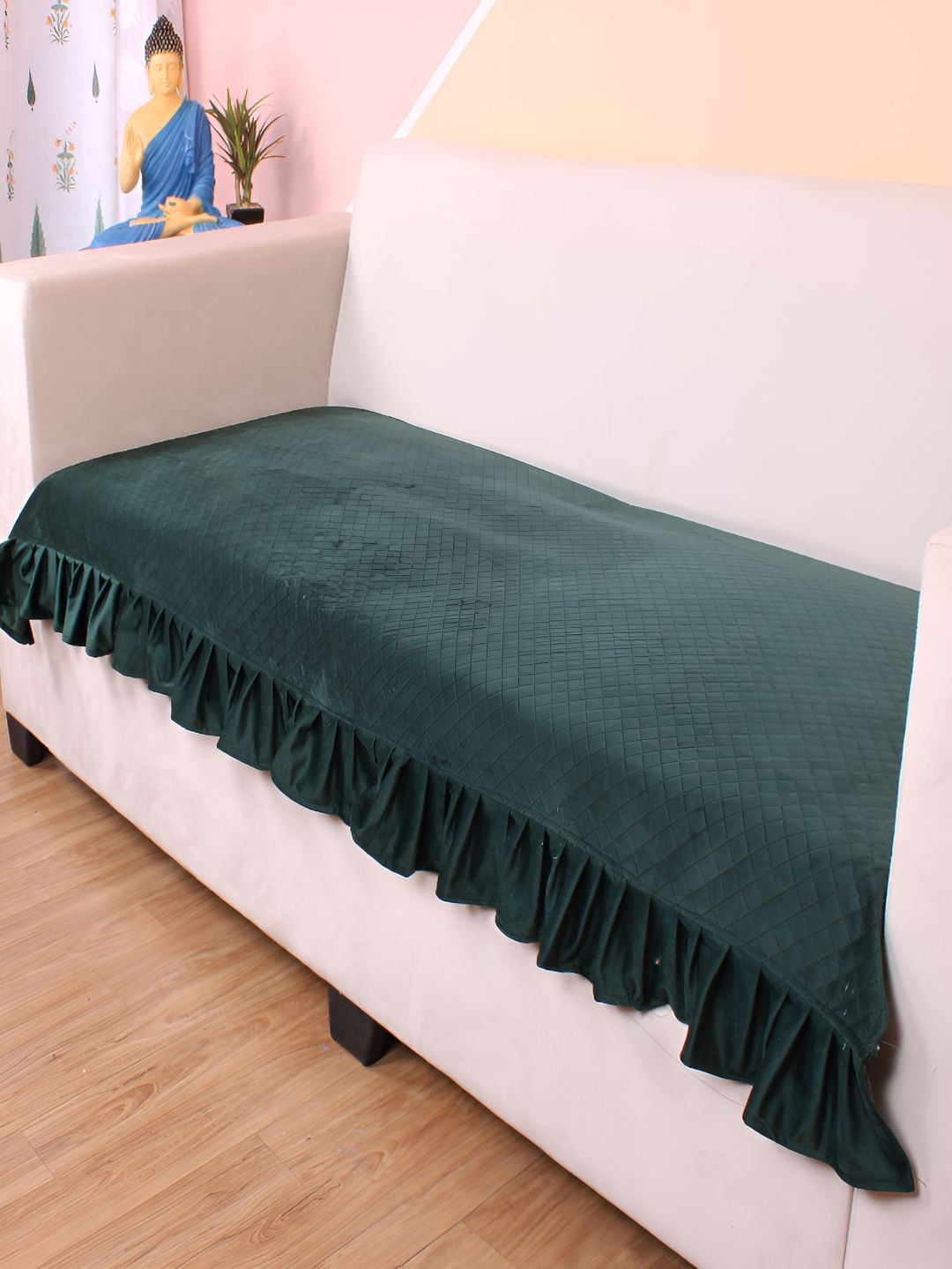 STITCHNEST Green Self Design 3 Seater Sofa Cover