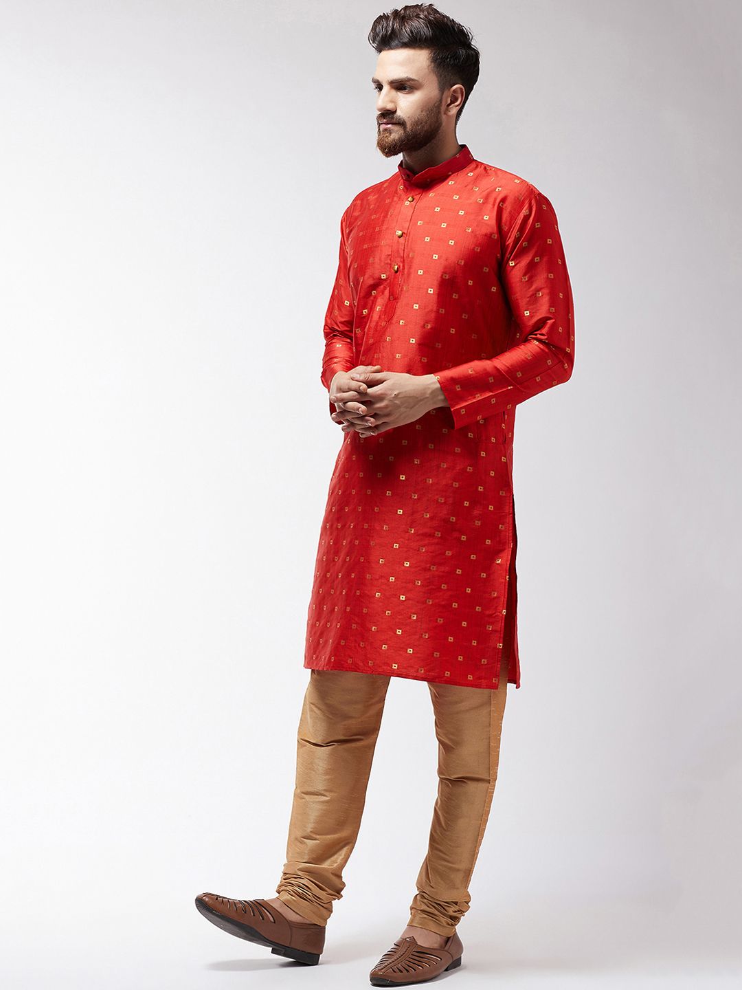 SOJANYA Men Orange & Gold-Coloured Self Design Kurta with Churidar