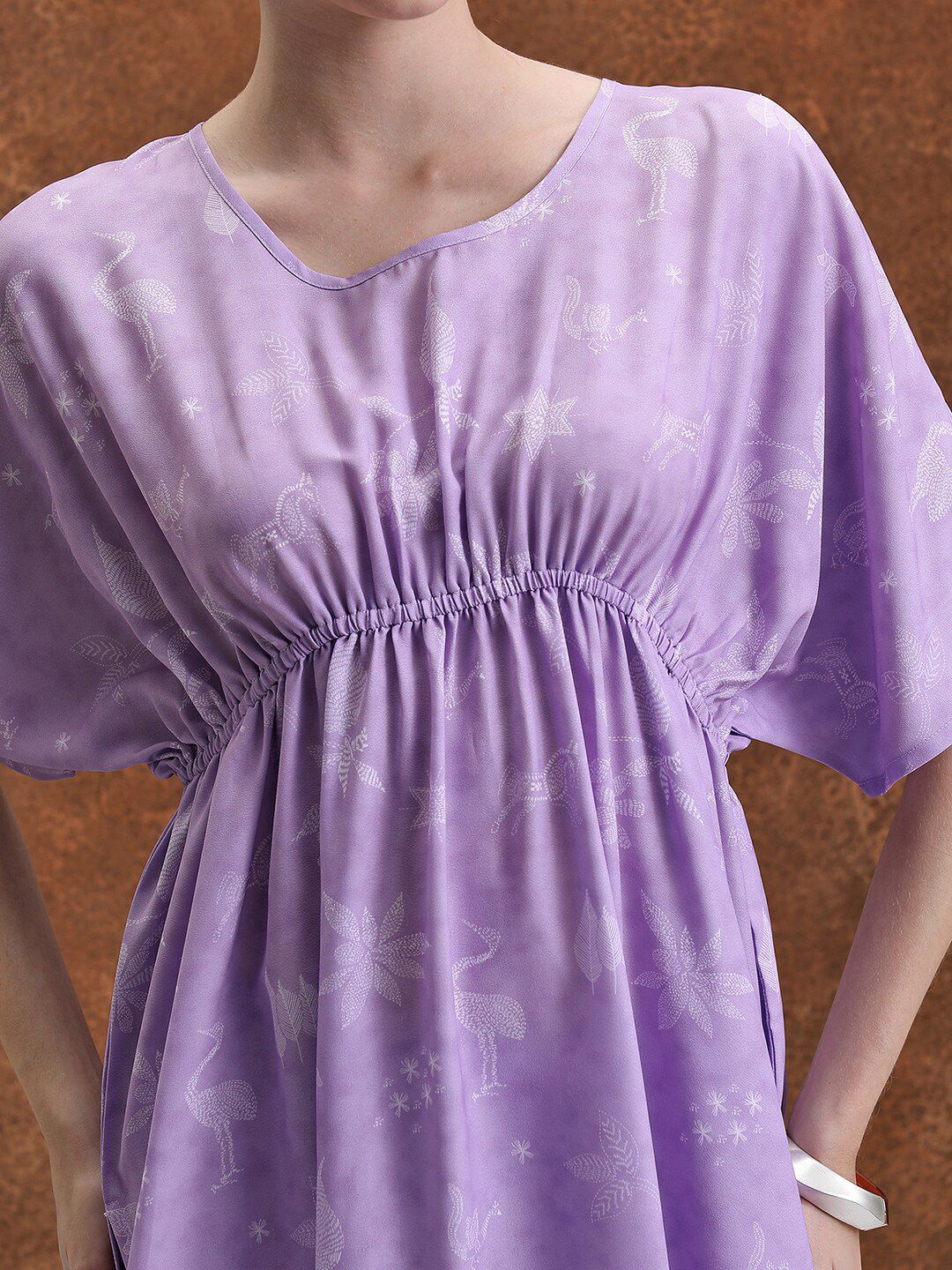 Vishudh Lavender Floral Printed Extended Sleeves Kaftan Tunic With Trousers