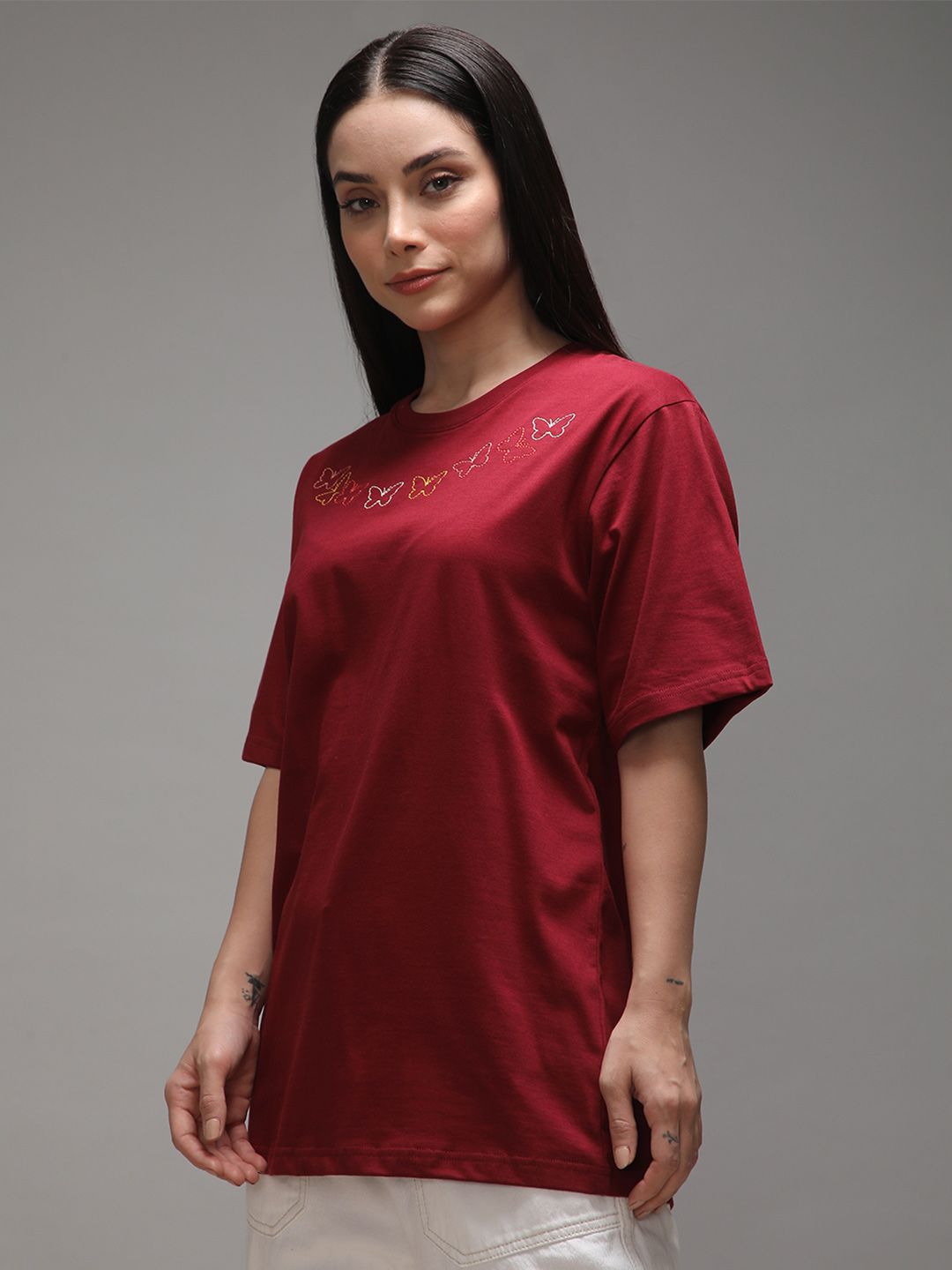 DILLINGER Women Short Sleeve Oversized Crew Neck Embroidery Tshirt