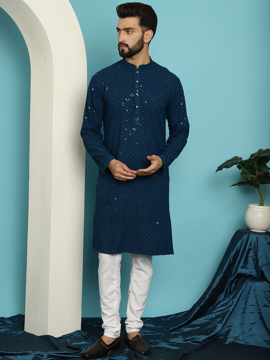 SOJANYA Ethnic Motifs Embroidered Sequined Pure Cotton Kurta with Churidar