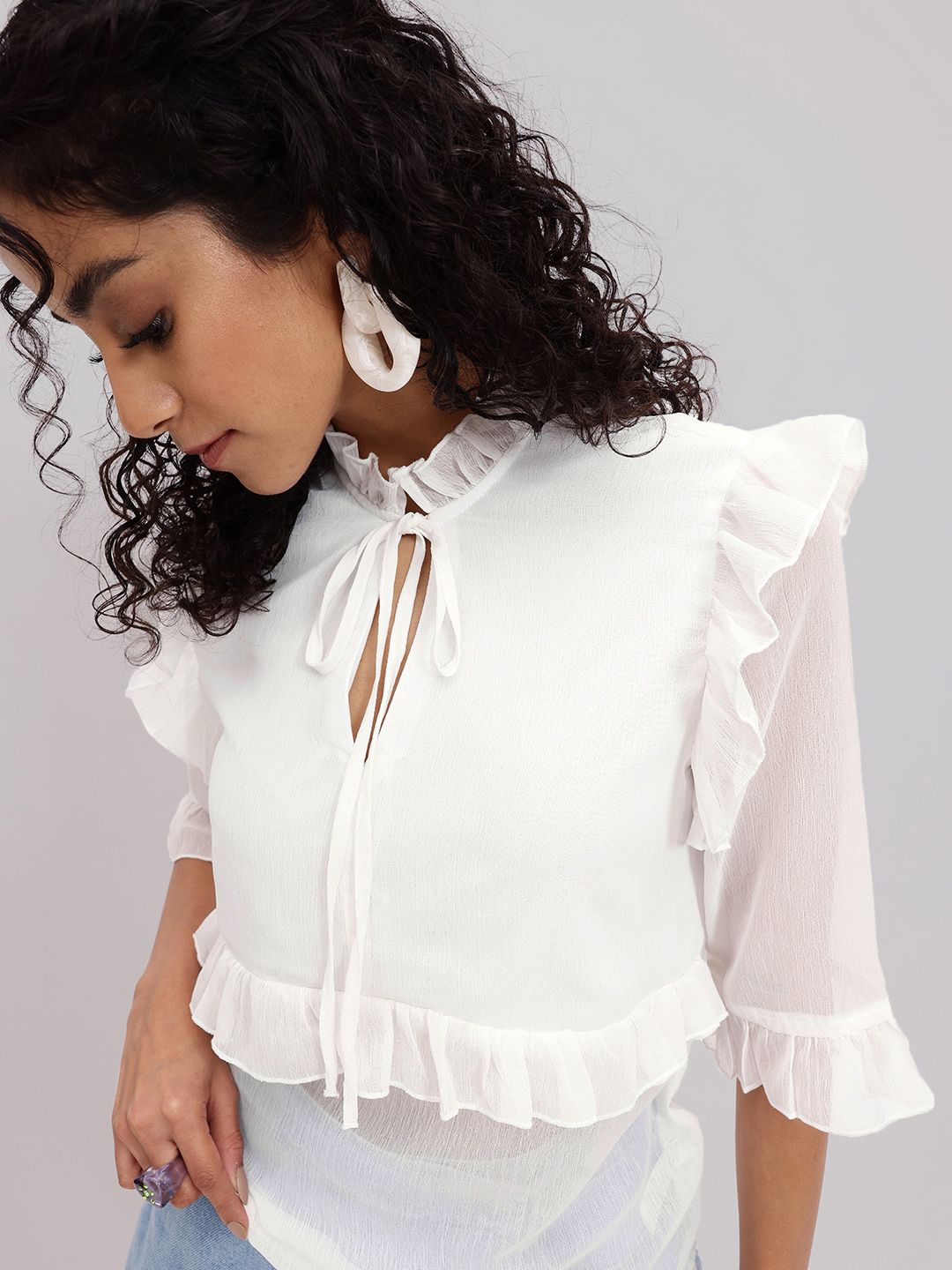DressBerry Romantic Ruffles Strike Tie-Up Neck Bell Sleeves Top