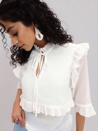 DressBerry Romantic Ruffles Strike Tie-Up Neck Bell Sleeves Top