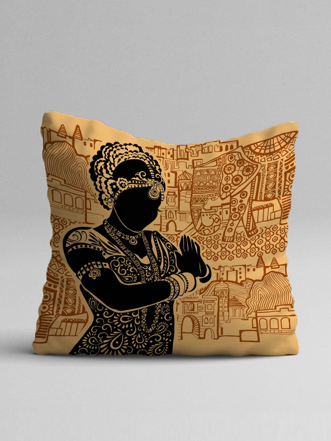 STITCHNEST Yellow & Black Set of 5 Ethnic Motifs Square Cushion Covers