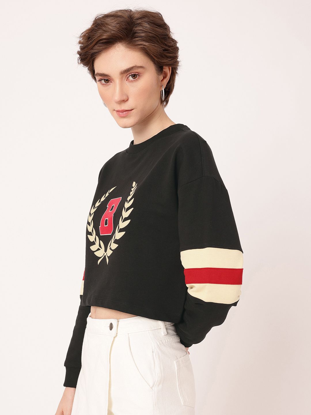 DressBerry Varsity Printed Cotton Terry Boxy Crop Sweatshirt