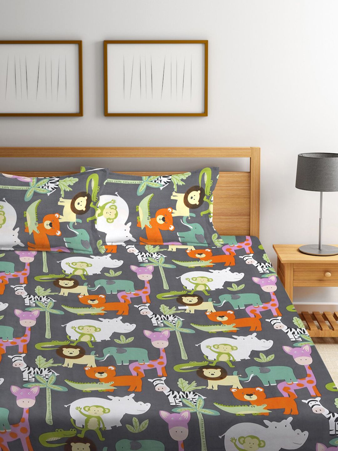 KLOTTHE Grey & Orange Cartoon Character Printed 300 TC King Bedsheet With 2 Pillow covers
