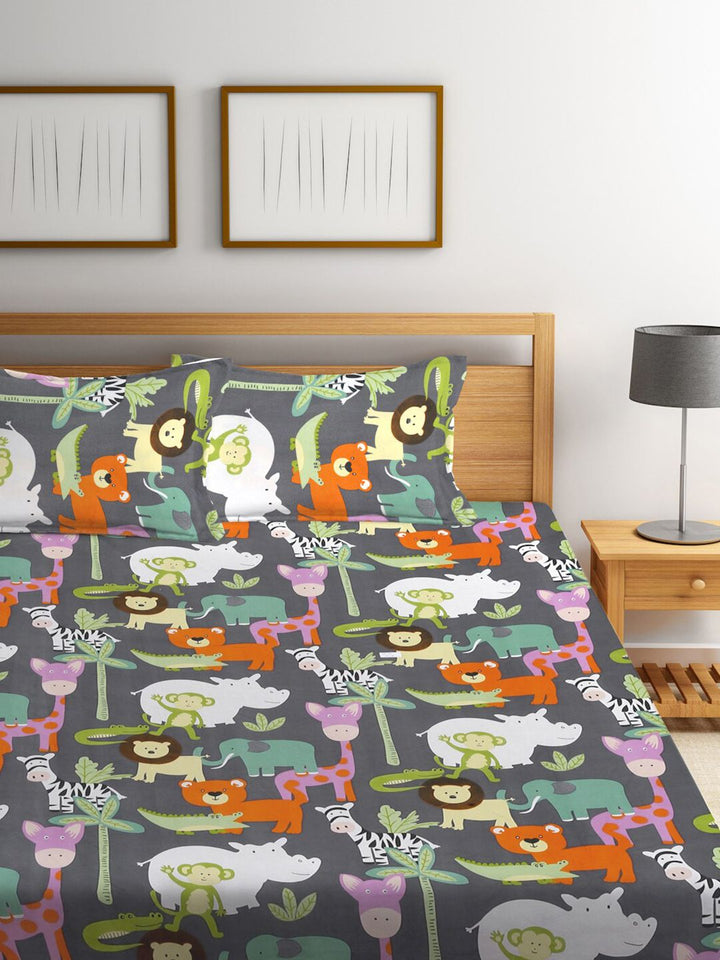 KLOTTHE Grey & Orange Cartoon Character Printed 300 TC King Bedsheet With 2 Pillow covers