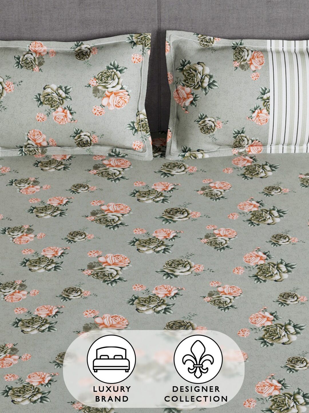 Story@home Grey & Orange Floral 180 TC Queen Bedsheet with 2 Pillow Covers