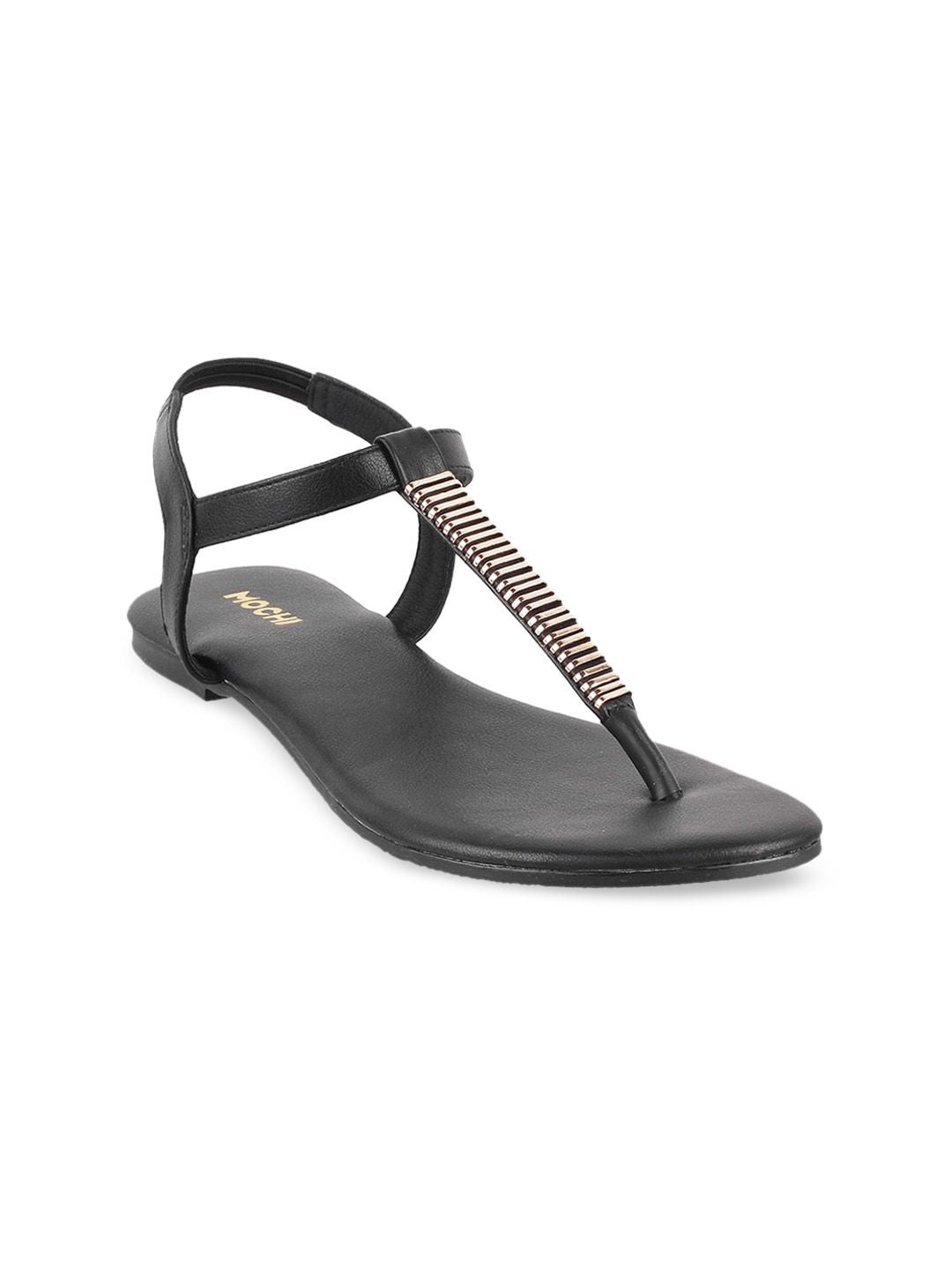 Mochi Women Black Embellished T-Strap Flats