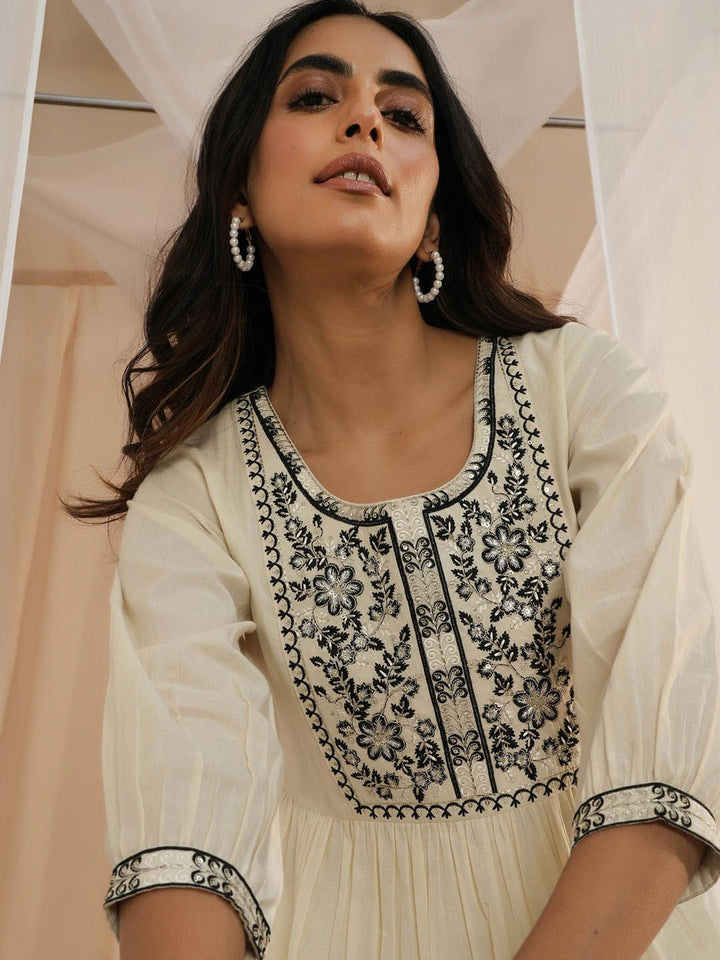 Libas Floral Yoke Design Sequinned Pure Cotton Pleated Kurti