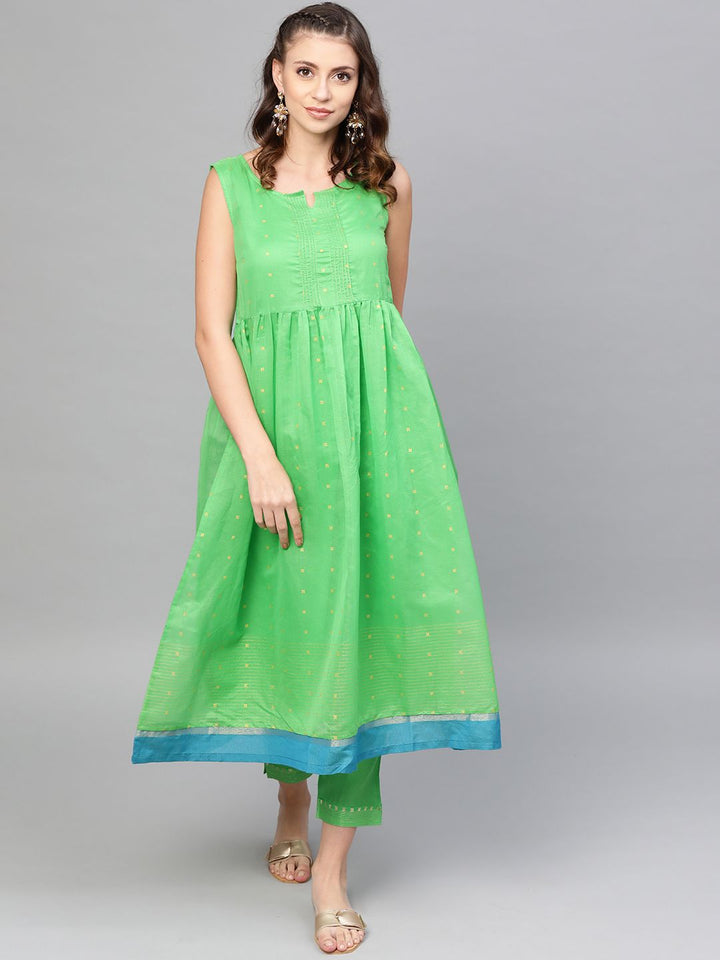 W Women Green & Golden Printed Kurta & Trousers With Ethnic Jacket