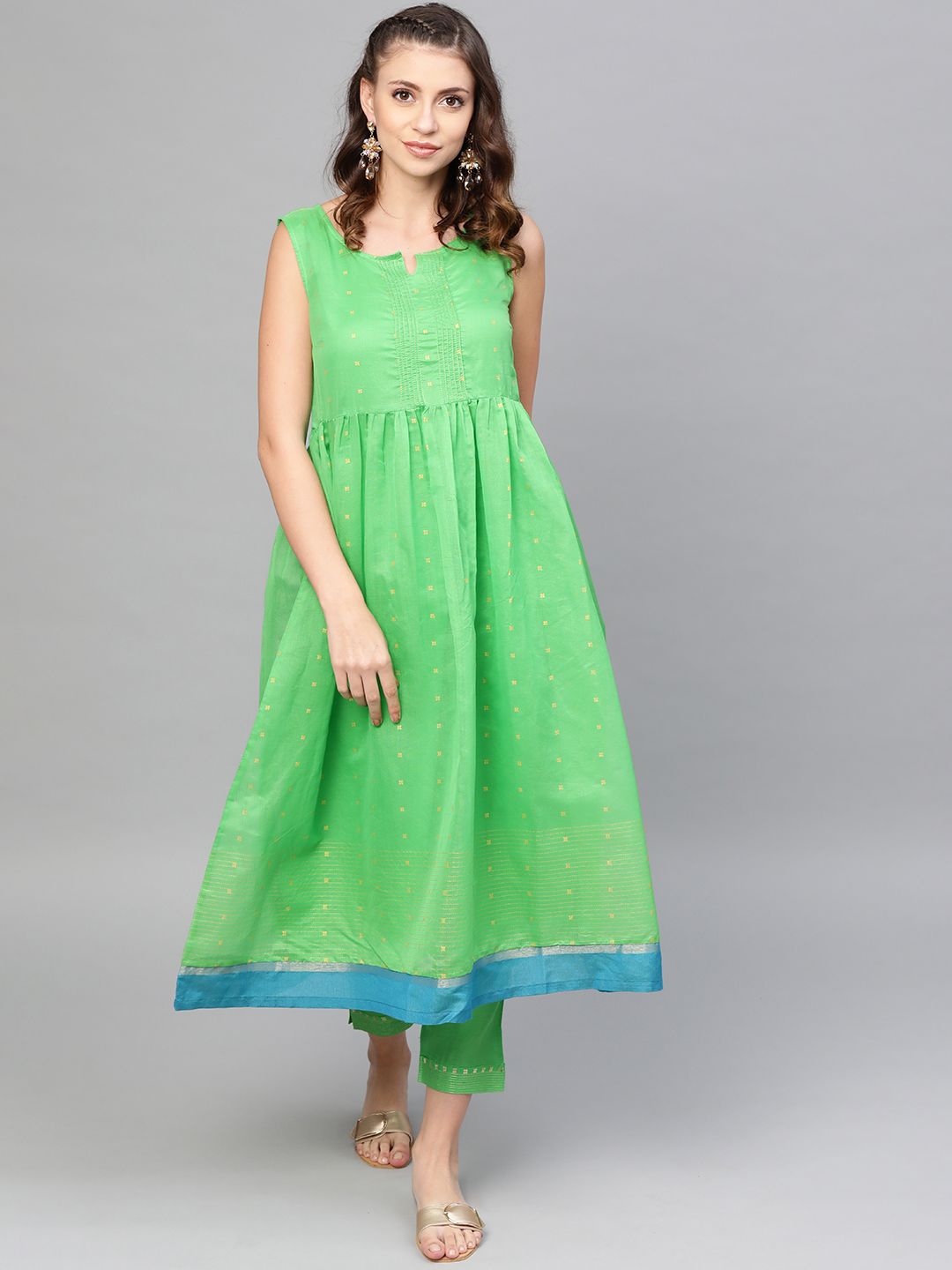W Women Green & Golden Printed Kurta & Trousers With Ethnic Jacket