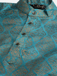SOJANYA Lelaki Kurta Motif Etnik Biru Teal & Kuning Mustard dengan Jaket Churidar & Nehru