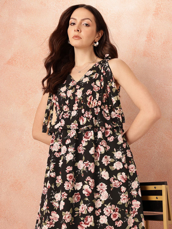 all about you Tropical Print Ruffled & Bow Detail Georgette Maxi Empire Dress