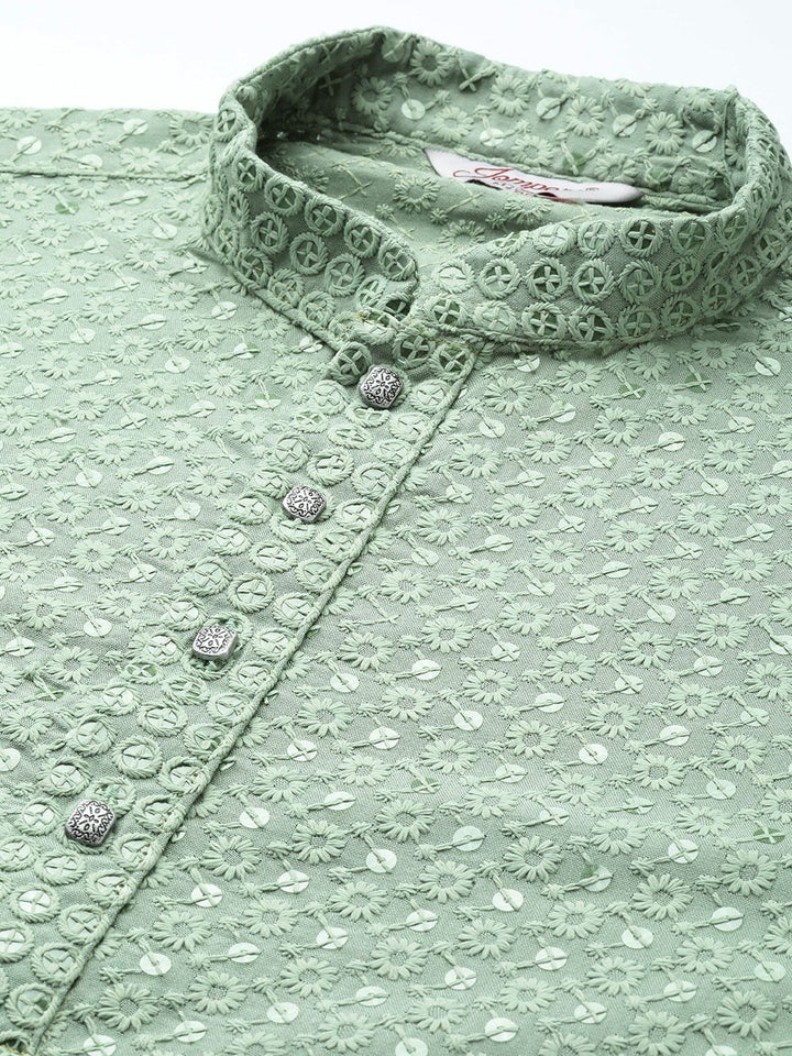 Jompers Men Floral Embroidered Chikankari Pure Cotton Kurta with Pyjamas