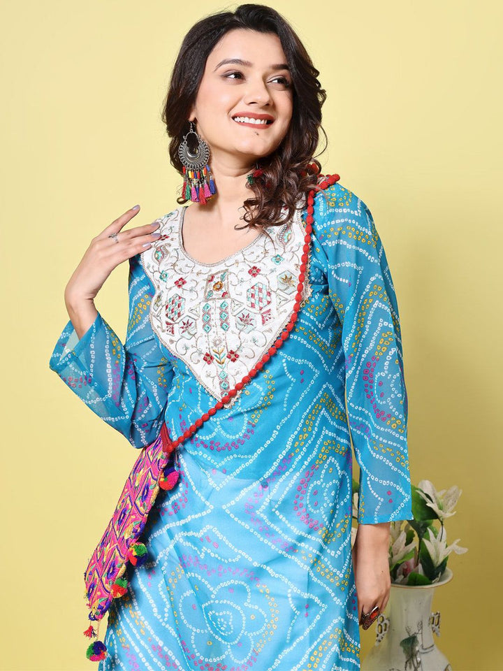 KALINI Bandhani Printed Round Neck Gotta Patti Georgette Straight Kurta