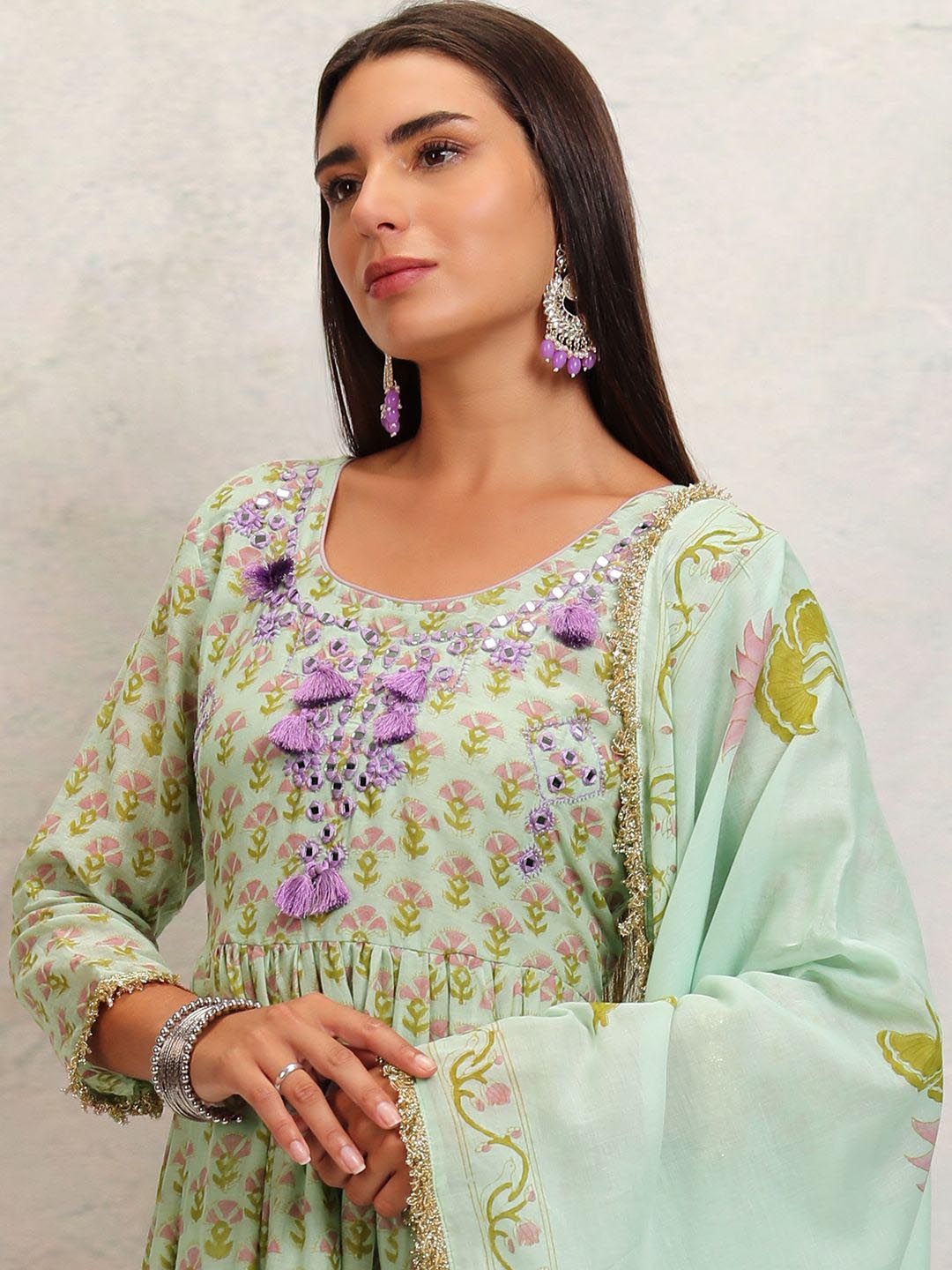 Vishudh Green Printed Mirror Work Pure Cotton Anarkali Kurta With Trousers & Dupatta