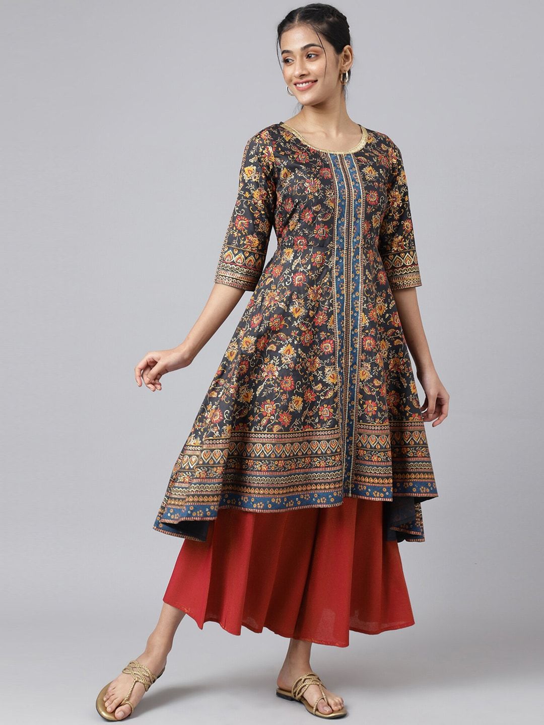 Aurelia Women Grey Floral Print Poly Shantung Straight Kurta