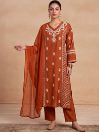 House of Chikankari Women Ethnic Motifs Embroidered Regular Thread Work Chanderi Silk Kurta with Trousers &