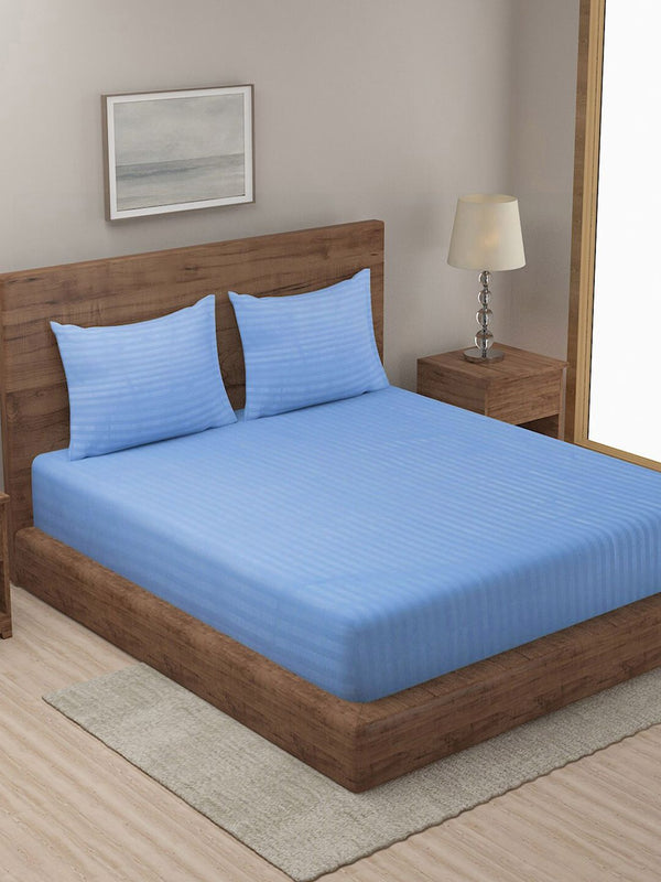 KLOTTHE Blue Striped 300 TC King Bedsheet with 2 Pillow Covers