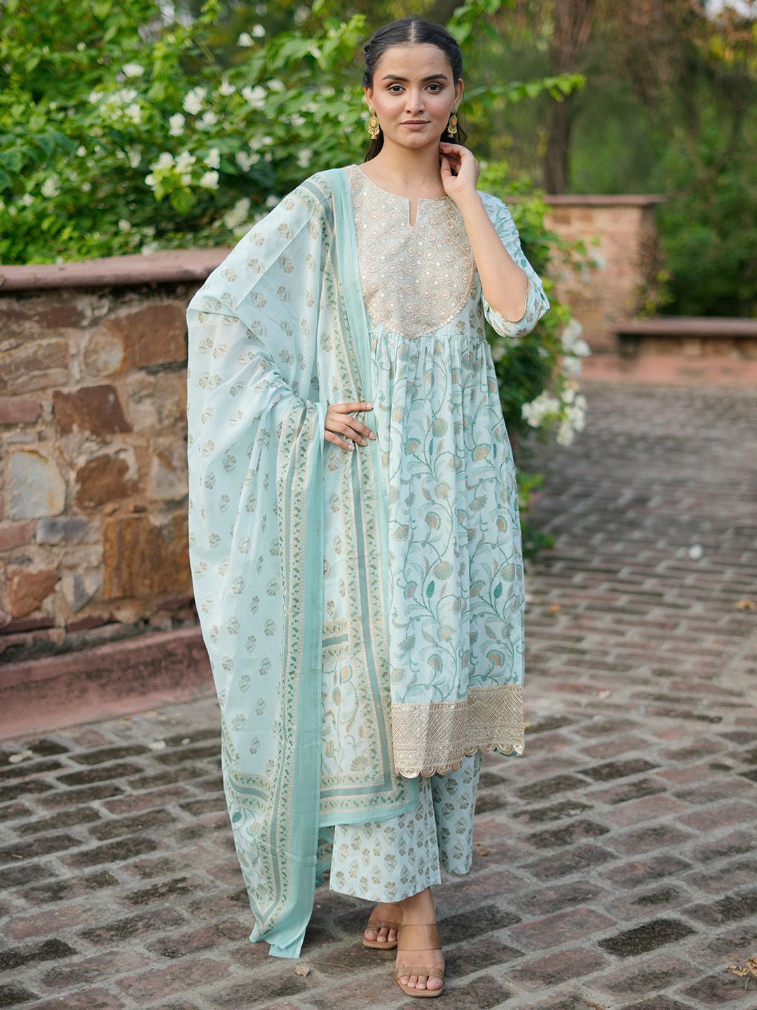 Libas Floral Printed Pleated Gotta Patti Pure Cotton Kurta with Palazzos & Dupatta