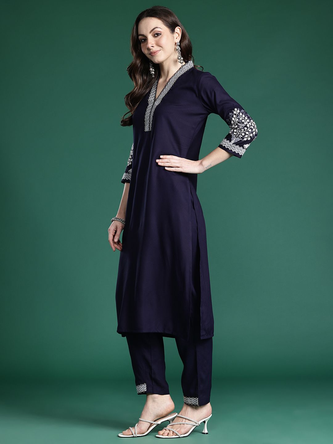 Indo Era Floral Embroidered Sequinned Kurta with Trousers