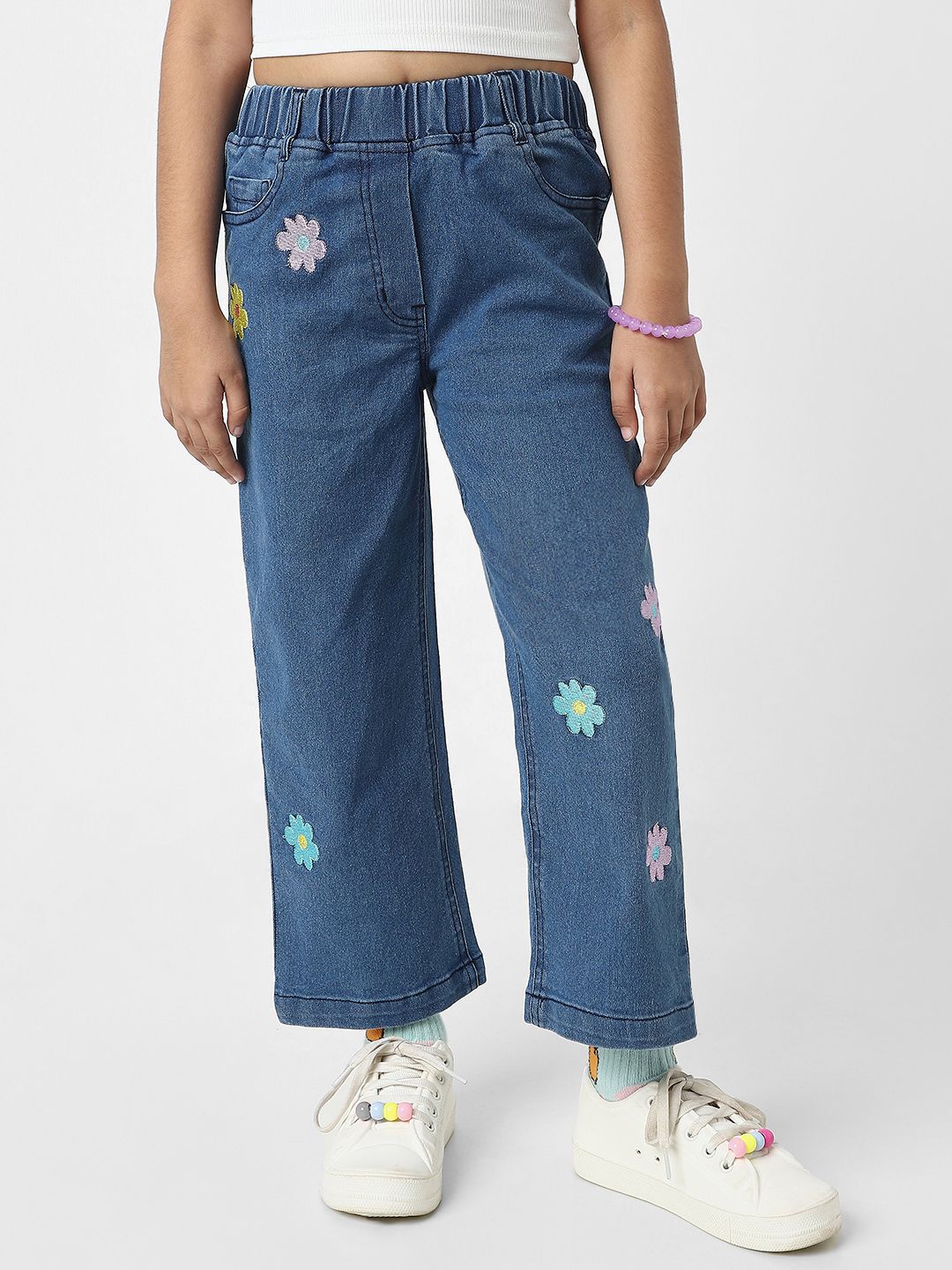Nauti Nati Girls Cotton Denim Jeans with Little Flower Appliques