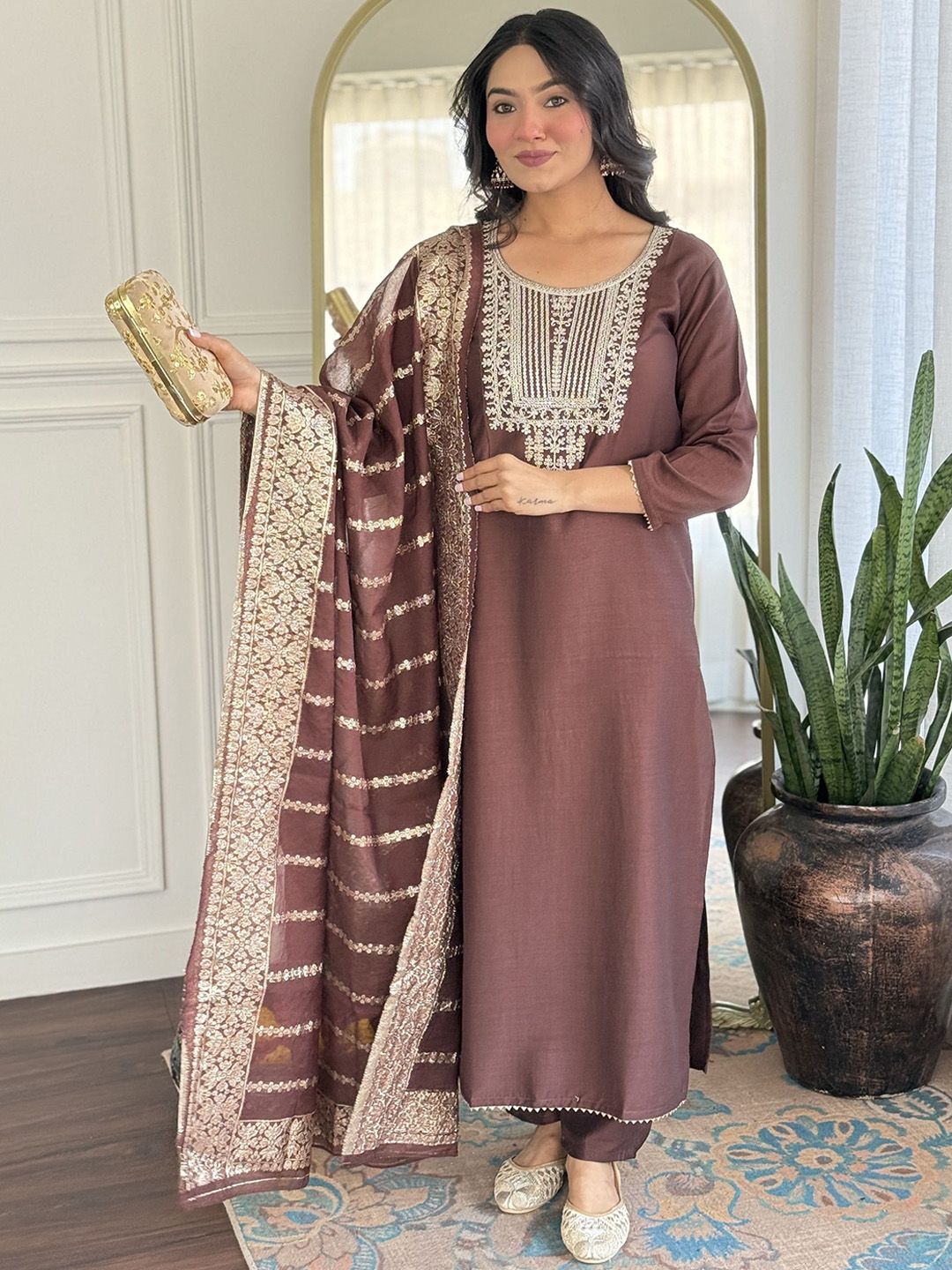 KALINI Ethnic Motifs Yoke Design Pure Silk Straight Kurta With Trousers & Dupatta