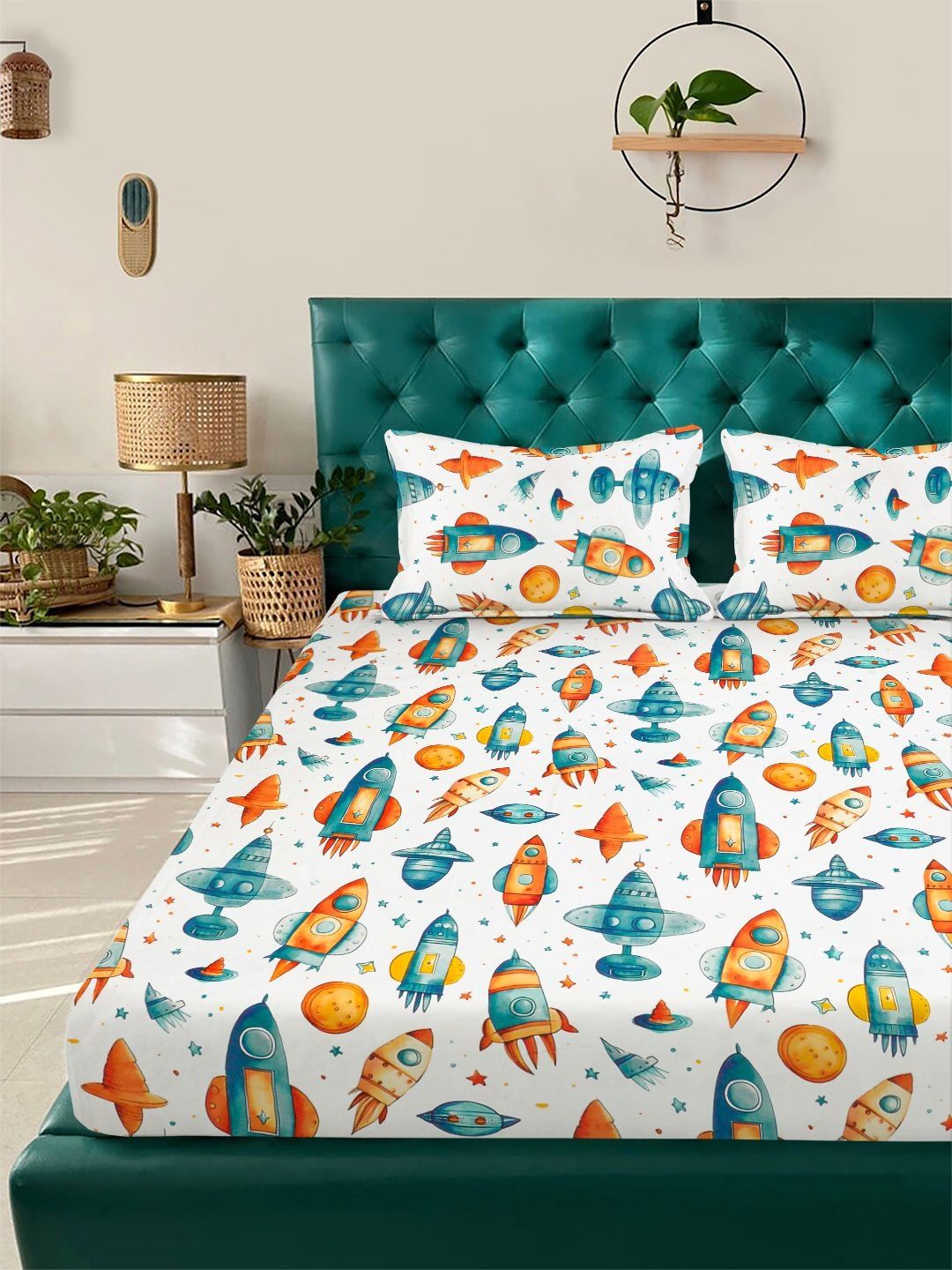 KLOTTHE  White & Blue Cartoon Printed Flat 300 TC Double King Bedsheet With 2 Pillow Cover