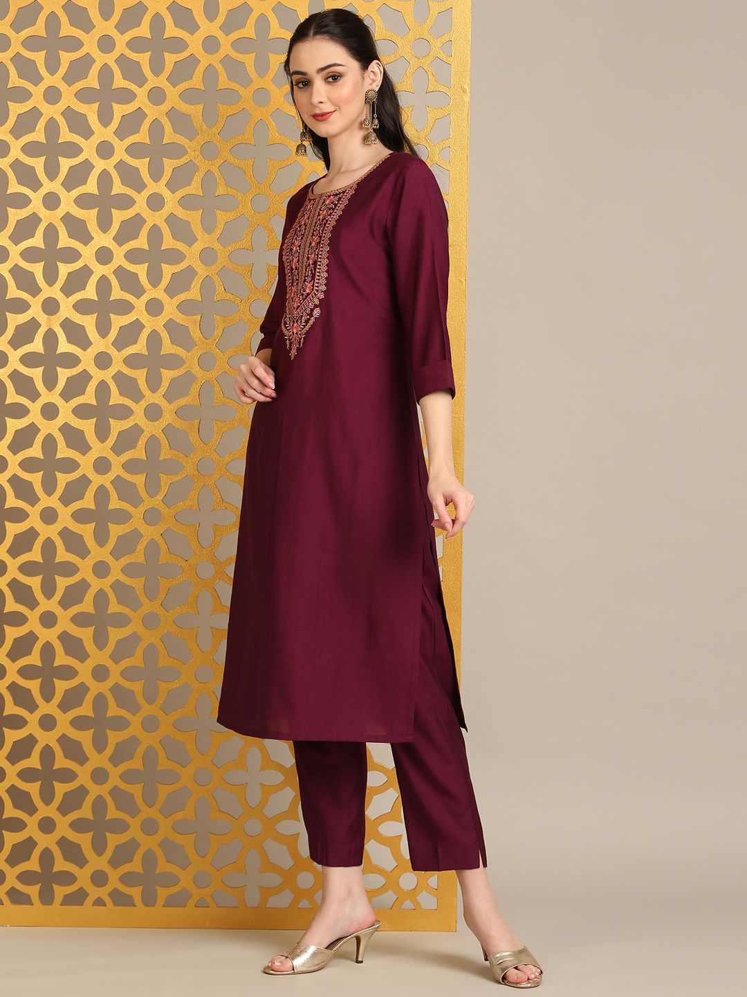 Anouk Maroon Floral Yoke Design Thread Work Straight Kurta With Trouser & Dupatta