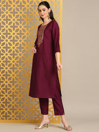 Anouk Maroon Floral Yoke Design Thread Work Straight Kurta With Trouser & Dupatta