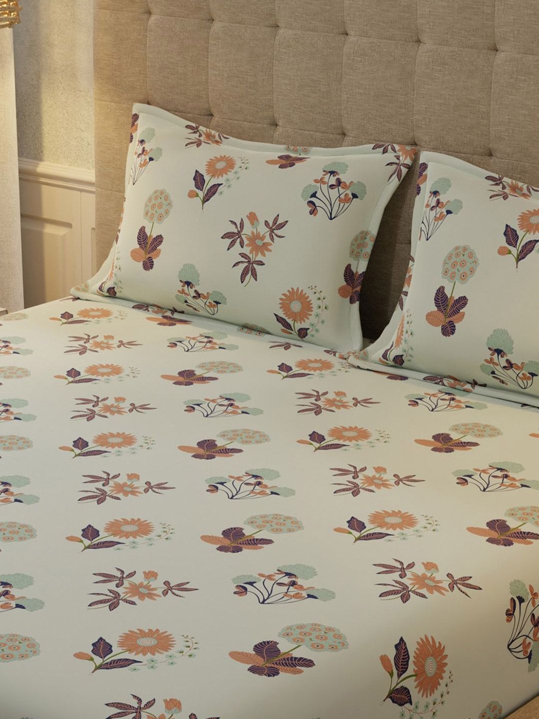 URBAN SPACE Grey & Orange Floral 200 TC Cotton Queen Bedsheet Set 1.27 m x 1.98 m