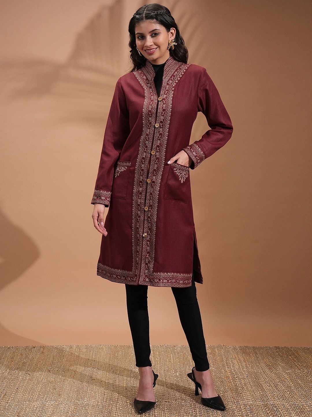 Vishudh Maroon Floral Embroidered Spread Collar Longline Tailored Jacket