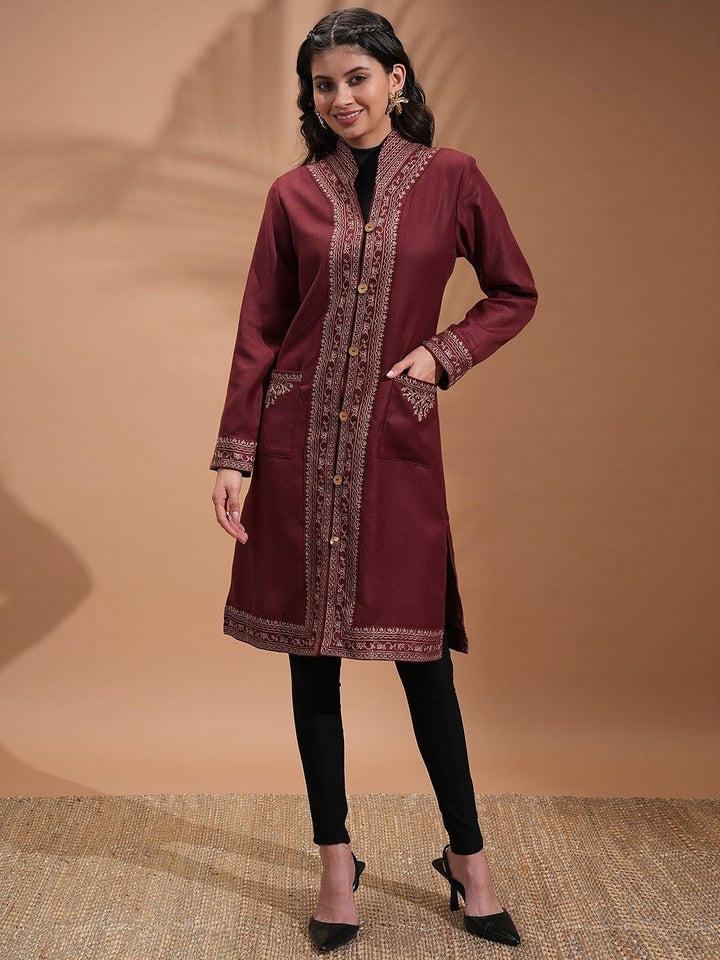 Vishudh Maroon Floral Embroidered Spread Collar Longline Tailored Jacket