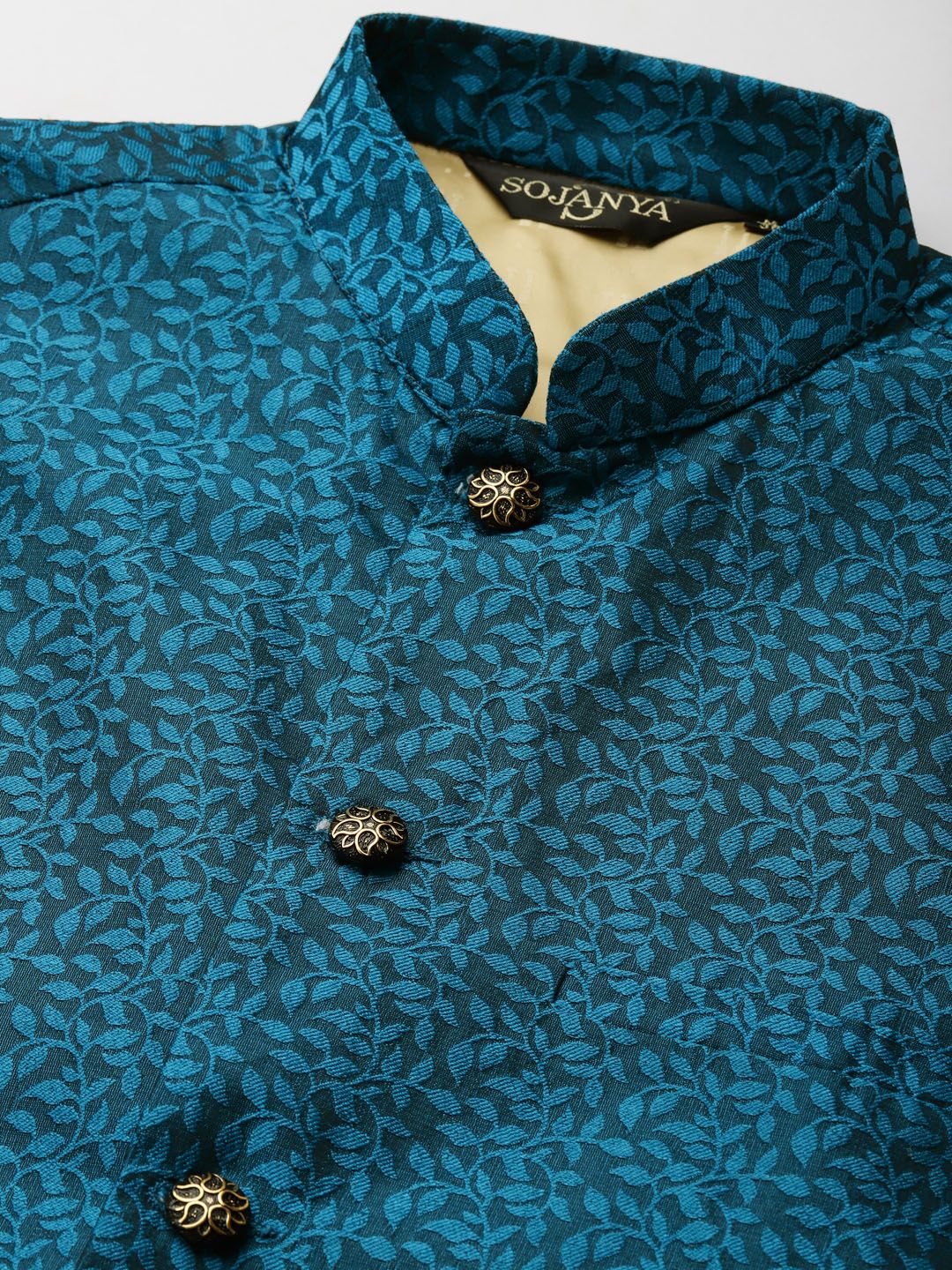 SOJANYA Men Teal Blue & Rust Orange Jacquard Ethnic Motifs Straight Kurta with Churidar