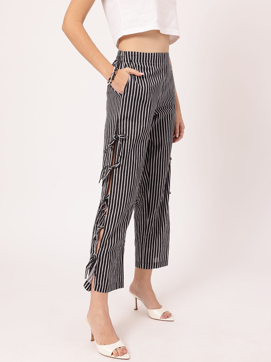 DressBerry Women Retro Chic Striped Bow-Up Cropped Trousers