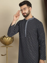 Anouk Grey Abstrak Bordir Kolar Mandarin Cotton A-Line Kurta