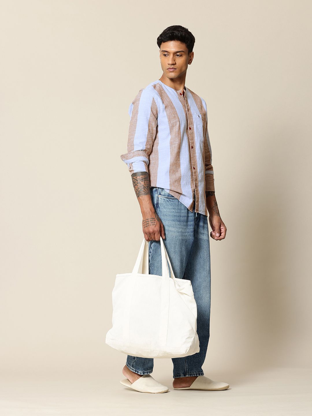 Mr Bowerbird Liberal Fit Self Striped Cotton Linen Casual Shirt