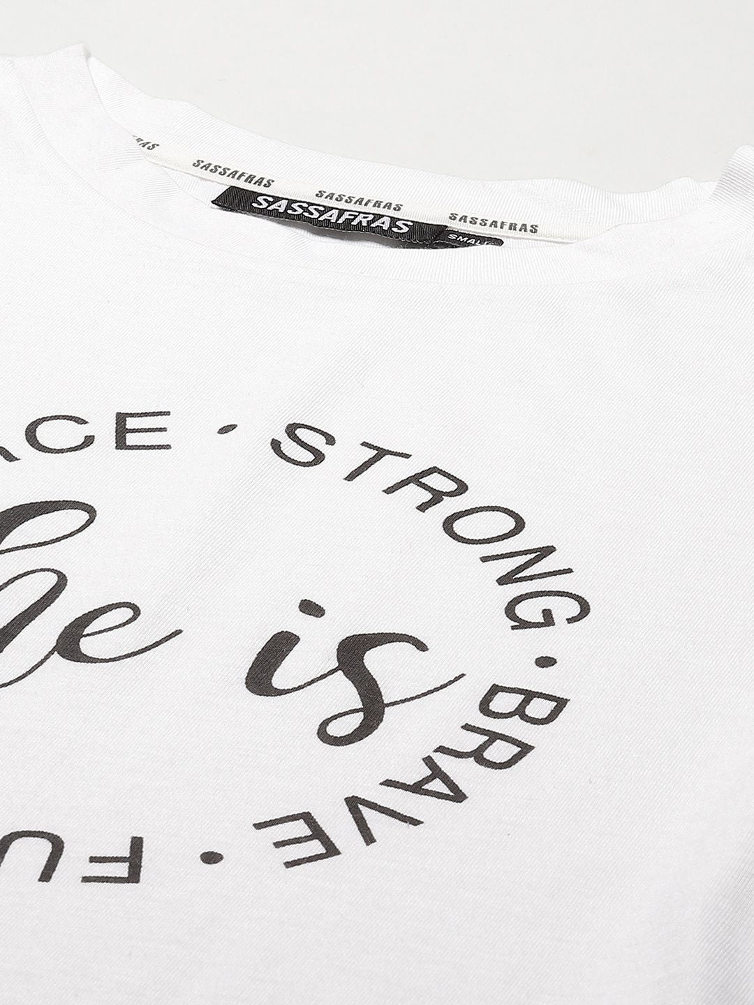 SASSAFRAS Women White Typography Printed Cotton T-shirt