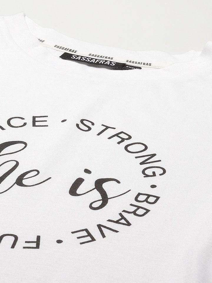 SASSAFRAS Women White Typography Printed Cotton T-shirt