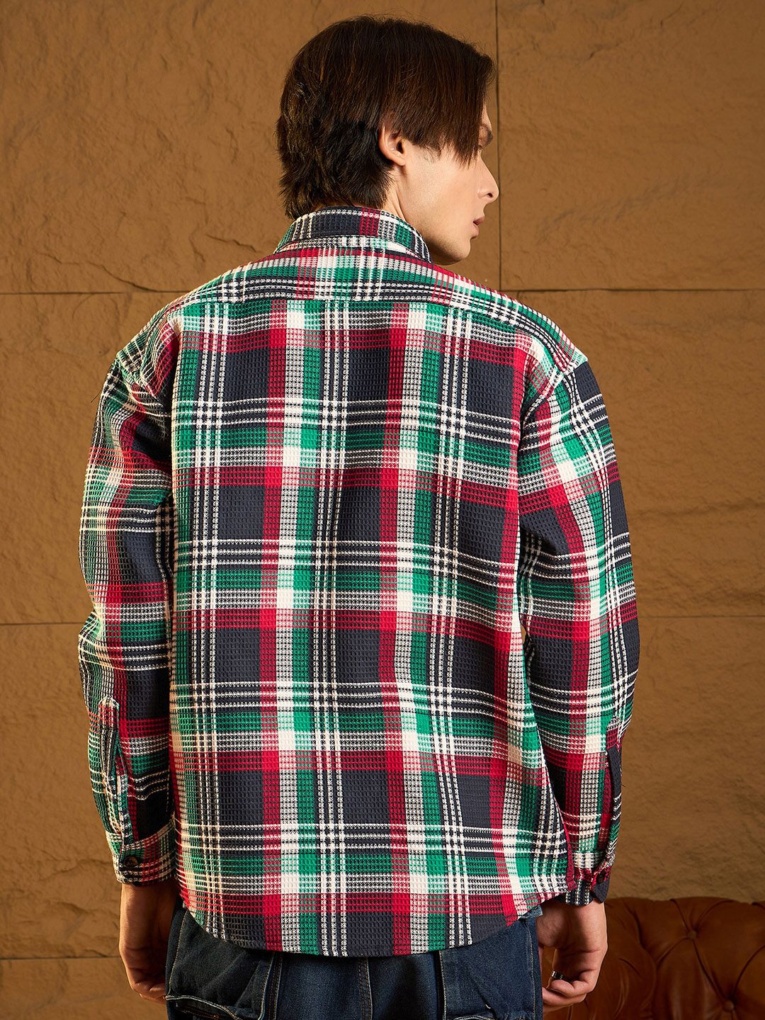DENNISON Men Double Pocket Drop Shoulder Oversized Cotton Checked Shacket