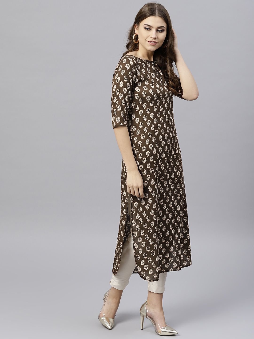 Gerua By Libas Women Coffee Brown  Beige Printed Straight Kurta